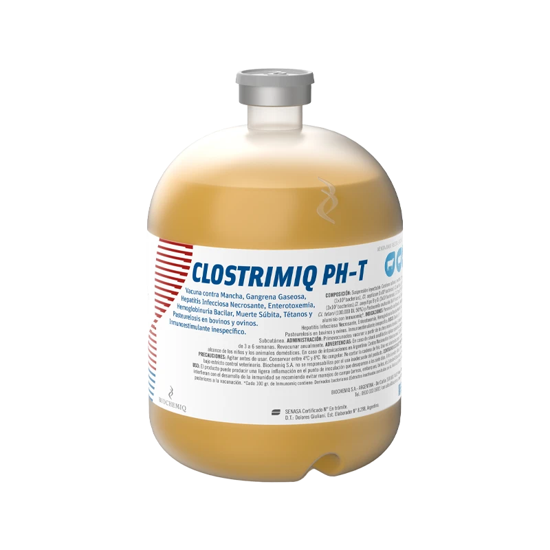 Clostrimiq PH-T - Vacuna contra Mancha, Gangrena Gaseosa, Hepatitis Infecciosa Necrosante, Enterotoxemia, Hemoglobinuria Bacilar, Muerte Súbita, Tétanos y Pasteurelosis en bovinos y ovinos.